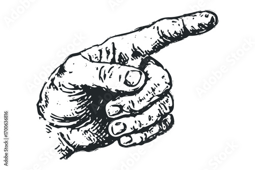 Hand pointing finger gesture, grunge style drawing on transparent background. Vector hand drawn illustration