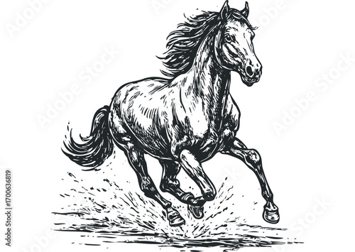 Sketch of a horse galloping through water splash on transparent background. Vector hand drawn illustration
