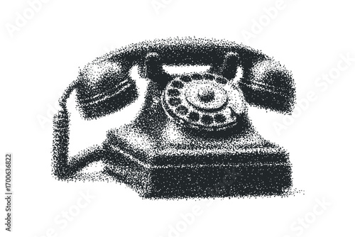 Stippled vintage rotary telephone isolated on white. Vector hand drawn illustration