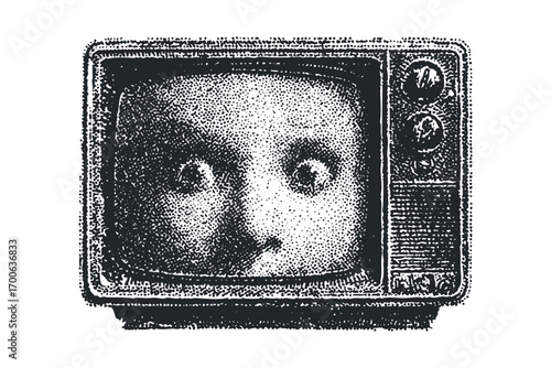 Stippled close up of a retro television screen displaying a person's face. Vector hand drawn illustration