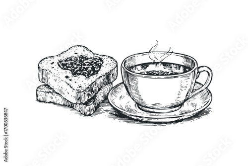 Sketch of toasted bread with jam and hot coffee cup on saucer. Vector hand drawn illustration