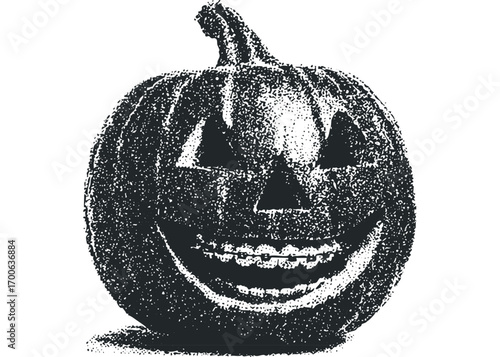 Grungy Jack O Lantern with Braces on Transparent. Vector hand drawn illustration