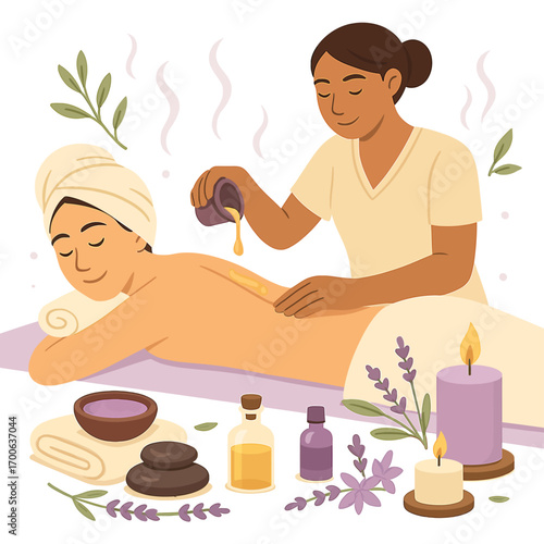 Lavender Oil Massage Therapy Vector Illustration with a Woman Enjoying a Relaxing Back Treatment at a Spa
