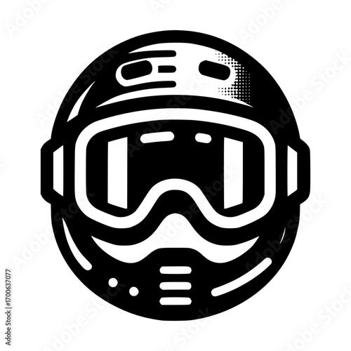 Ski goggles on helmet in black vector icon with transparent background 