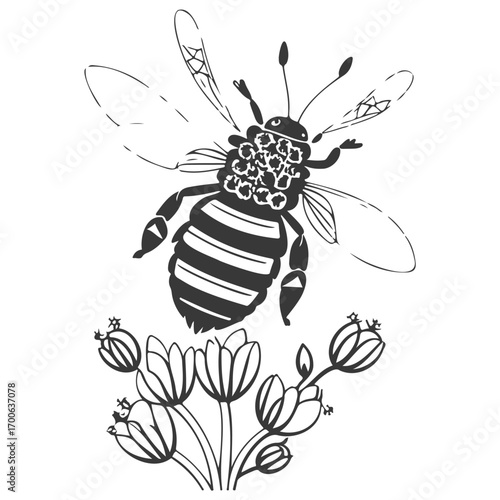 Bee on flower spring illustration grey