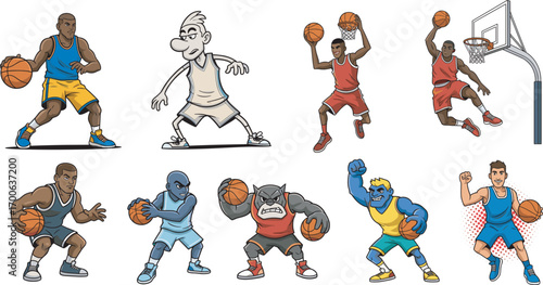 Cartoon basketball player vector set showing dynamic action poses like dribbling, dunking, shooting, and hoop play for sports themes