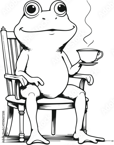 minimalist line art of a relaxed frog sitting on a chair sipping tea, black thick outline 1.