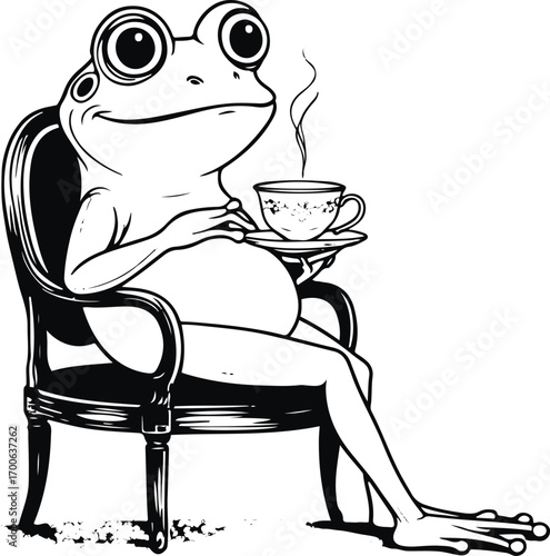 minimalist line art of a relaxed frog sitting on a chair sipping tea, black thick outline 2
