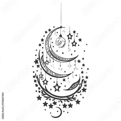 hanging moon star Ramadan illustration grey