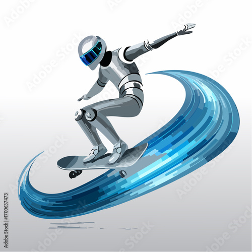 3D chrome skateboarder performing trick in Y2K retro futuristic style. Metallic abstract figure with curved tube design