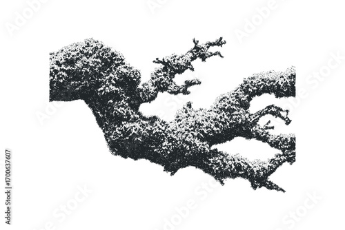 Textured black tree branch shape with stippled effect on white. Vector hand drawn illustration