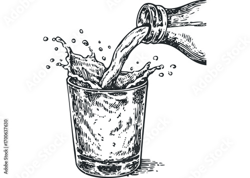 Liquid splash from bottle pouring into glass. Vector hand drawn illustration