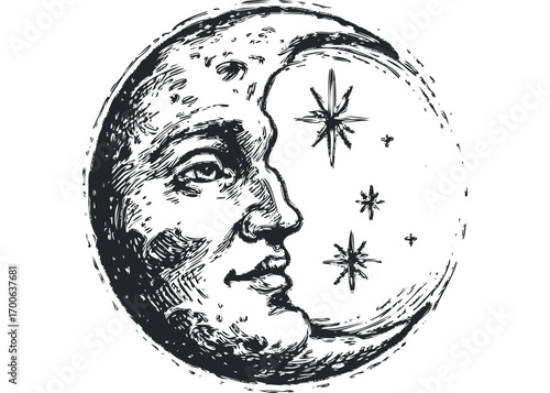 Man in Moon with Stars Image Transparent. Vector hand drawn illustration