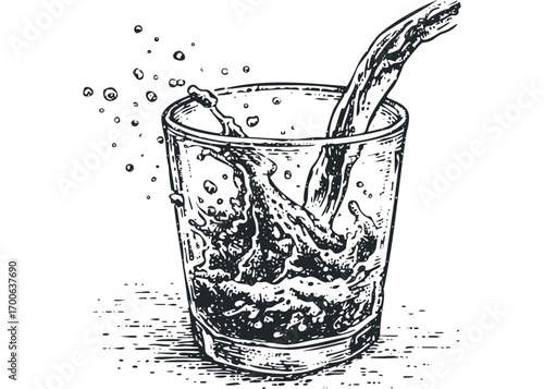 Splash of dark liquid pouring into glass with bubbles on transparent background. Vector hand drawn illustration