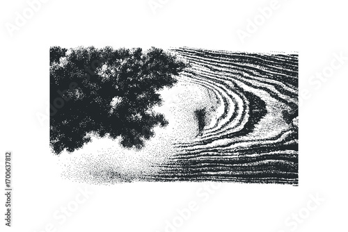 Textured grainy abstract shape with tree foliage overlay on transparent background. Vector hand drawn illustration