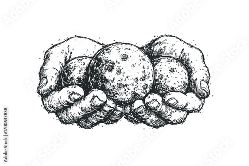 Drawn hands cradling celestial spheres. Vector hand drawn illustration