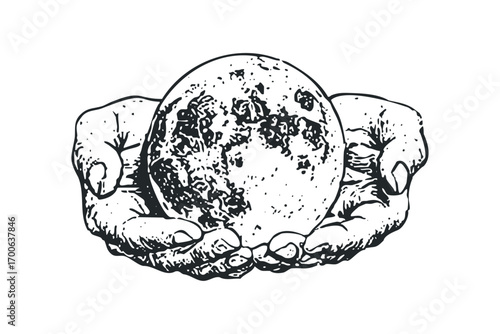 Human hands holding a textured orb with a detailed surface on a transparent. Vector hand drawn illustration