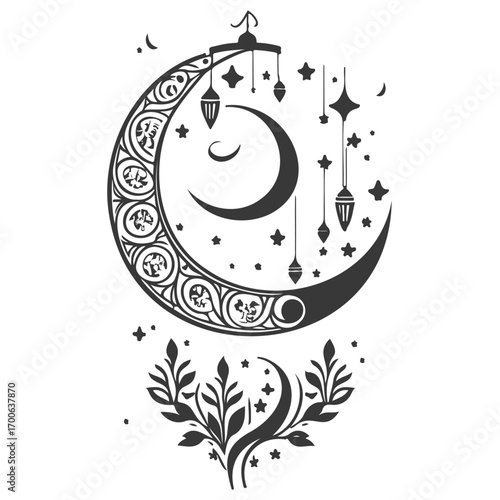 Ramadan Lantern Hanging Crescent Moon illustration grey
