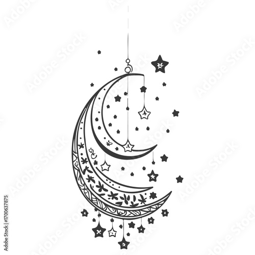 hanging moon star Ramadan illustration grey