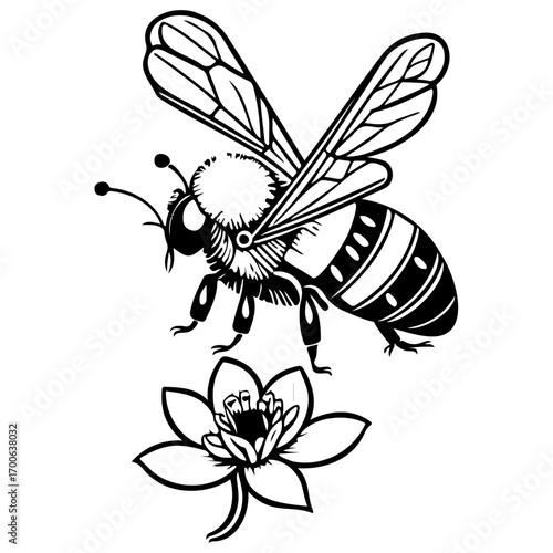 Bee on flower spring illustration sketch hand draw