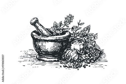 Mortar and pestle with fresh herbs and ingredients on transparent background. Vector hand drawn illustration