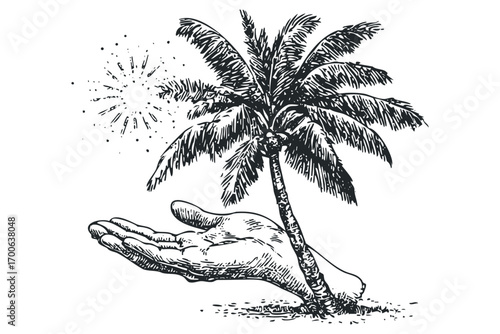Hand cradling a solitary palm tree with radiating light image. Vector hand drawn illustration