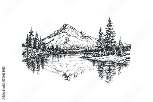 Hand drawn sketch of a serene mountain lake reflecting pine trees and a snow-capped peak. Vector hand drawn illustration