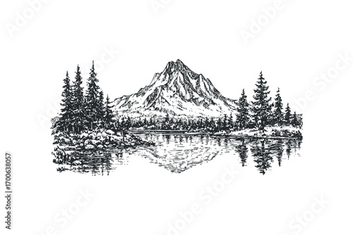 Pencil sketch of majestic mountain range reflected in calm lake with pine trees. Vector hand drawn illustration