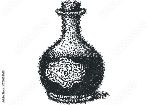 Drawn potion bottle with ornate label on transparent. Vector hand drawn illustration
