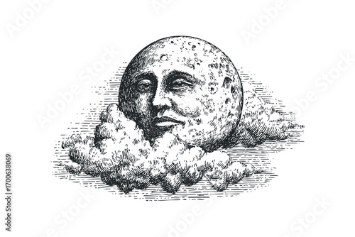 Anthropomorphic Moon Face Peeking Through Clouds Engraving. Vector hand drawn illustration