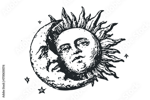Sun and Moon faces embracing with stars. Vector hand drawn illustration