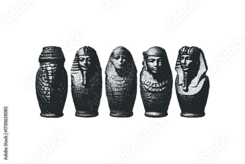 Five Egyptian sarcophagi on transparent background. Vector hand drawn illustration