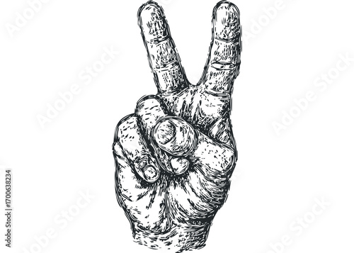 Black and white sketch of a hand making a peace sign. Vector hand drawn illustration