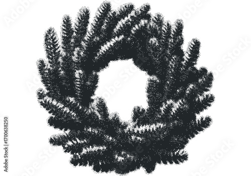 Textured Evergreen Wreath on Transparent Background. Vector hand drawn illustration
