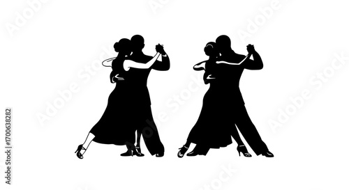 Silhouette of four dancers performing tango on white background  