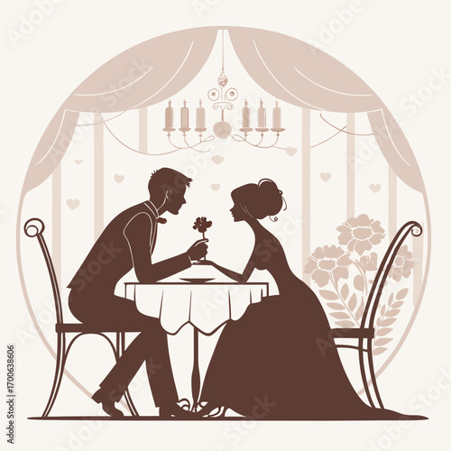 Romantic Silhouette of Bride and Groom Sitting at Sweetheart Table Vector Illustration

