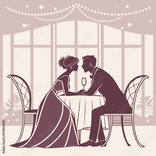 Romantic Silhouette of Bride and Groom Sitting at Sweetheart Table Vector Illustration
