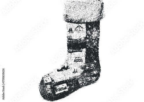 Textured Christmas stocking with abstract dot grunge effect. Vector hand drawn illustration