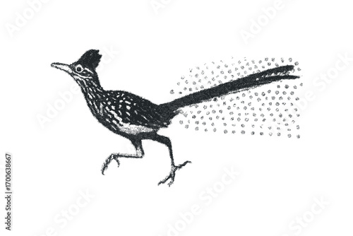 Roadrunner bird in motion on a transparent background. Vector hand drawn illustration
