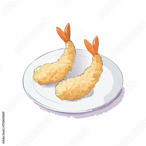 Anime Style Tempura Shrimp Vector Illustration on White Plate