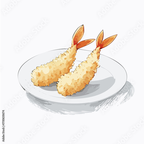 Anime Style Tempura Shrimp Vector Illustration on White Plate