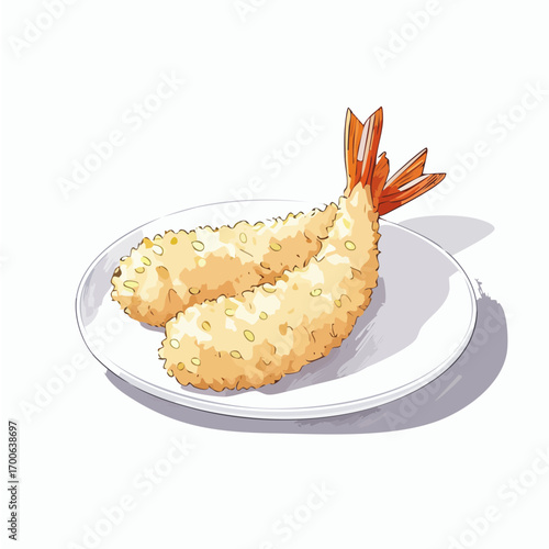 Anime Style Tempura Shrimp Vector Illustration on White Plate