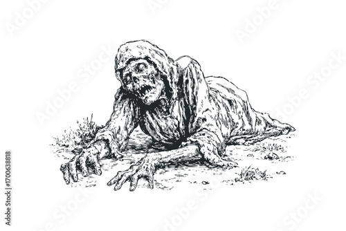 Fleshy ghoul with tattered clothing crawling on ground, image. Vector hand drawn illustration
