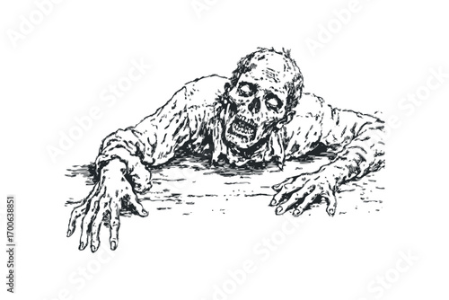image of a frightening zombie emerging with grasping hands. Vector hand drawn illustration