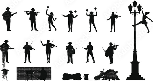 Silhouettes of street musicians, dancers, jugglers, violinists, guitarists, drum players, performers, entertainment, urban art, street lamp, live performance, creative, music, art