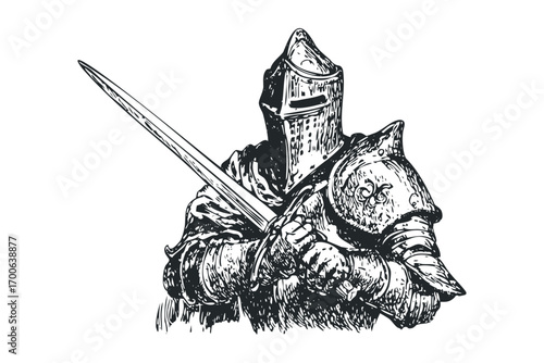 Knight in ornate armor holding sword on transparent. Vector hand drawn illustration