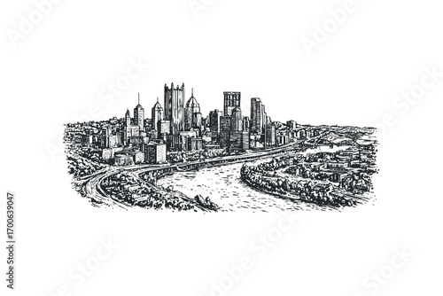 Ink drawing of a bustling city skyline with skyscrapers and a river. Vector hand drawn illustration