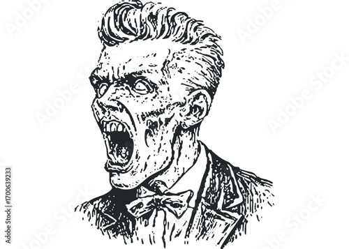 Terrifying zombie man in suit screaming in monochrome vector. Vector hand drawn illustration