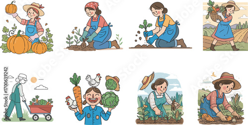 Female farmer cartoon character performing agriculture tasks including planting, harvesting, selling produce, and caring for animals in vector scenes