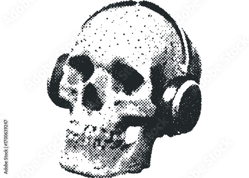 Skull with headphones on transparent background. Vector hand drawn illustration